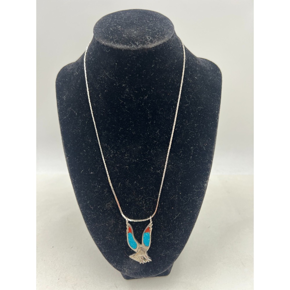 Citation Silver Tone Eagle Pendant Necklace Turquoise Coral Chip Inlay 18 Inch